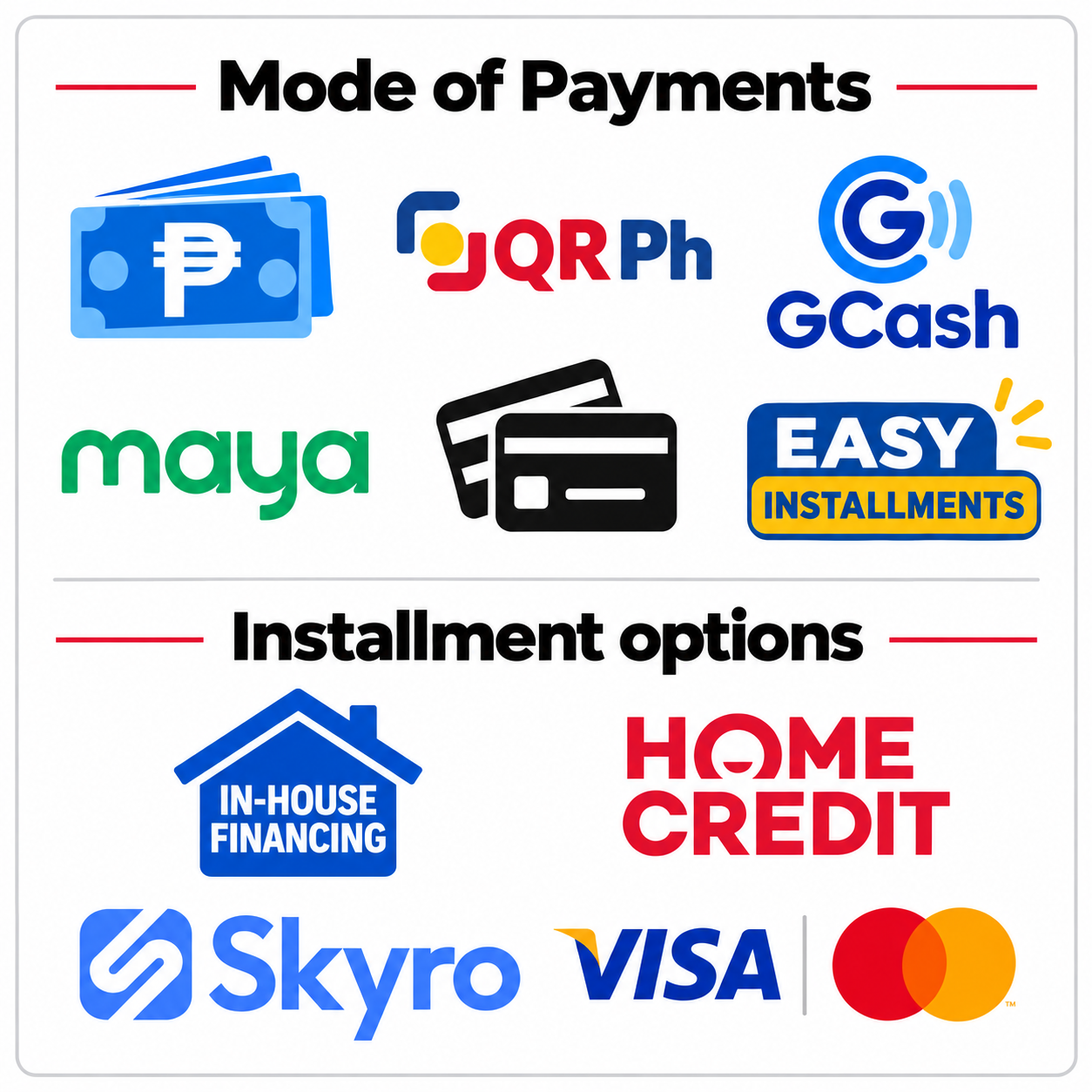 Mode of payments: cash, QR Ph, GCash, Maya, credit or debit card, Easy Installments. Installment options: in-house financing, Home Credit, Skyro, Visa, Mastercard.